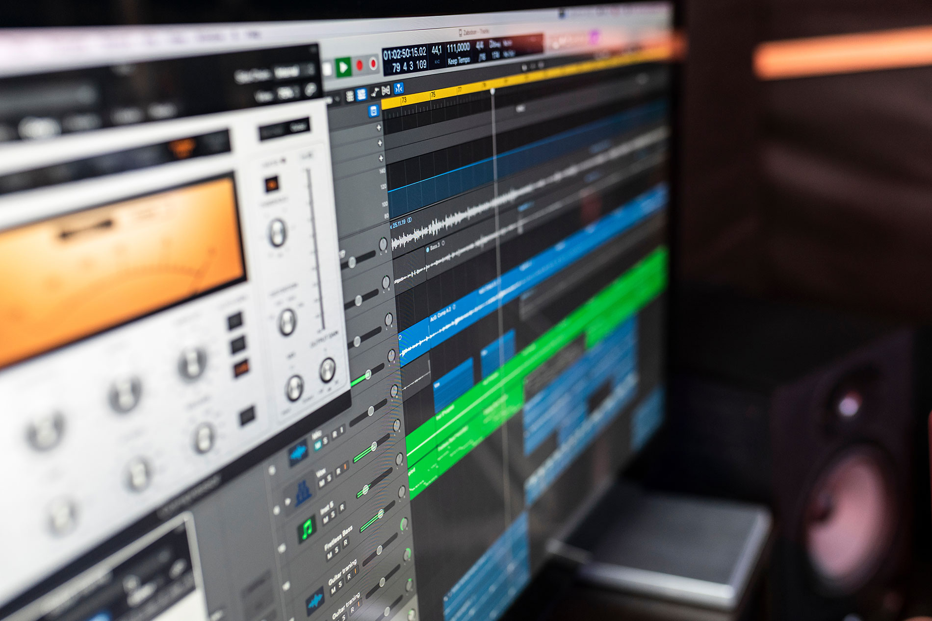 Digital audio workstation screen in a recording studio