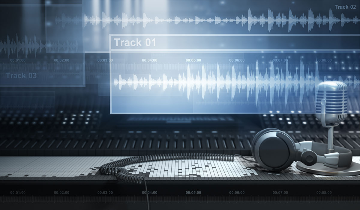 Audio production workspace with waveform tracks, microphone, and headphones